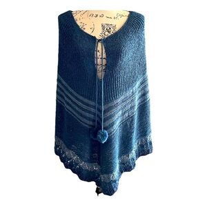 Boho Knit Poncho Shawl Wrap | Blue Tassel Cape One Size / XL NWT
